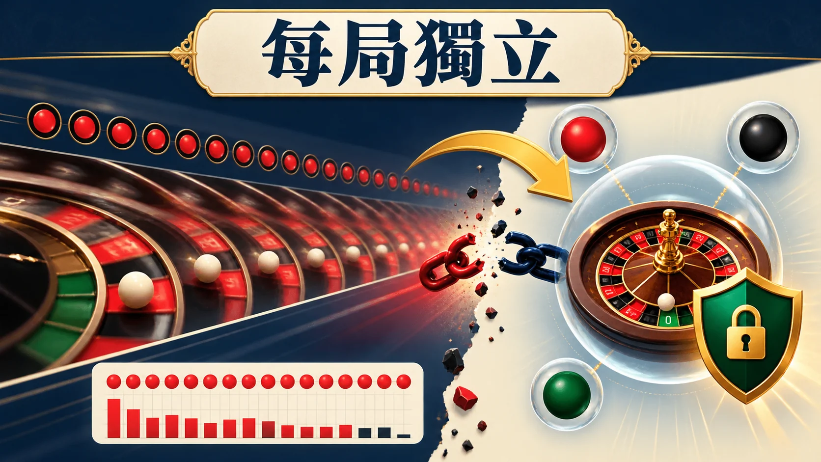 輪盤每局獨立與賭徒謬誤示意圖